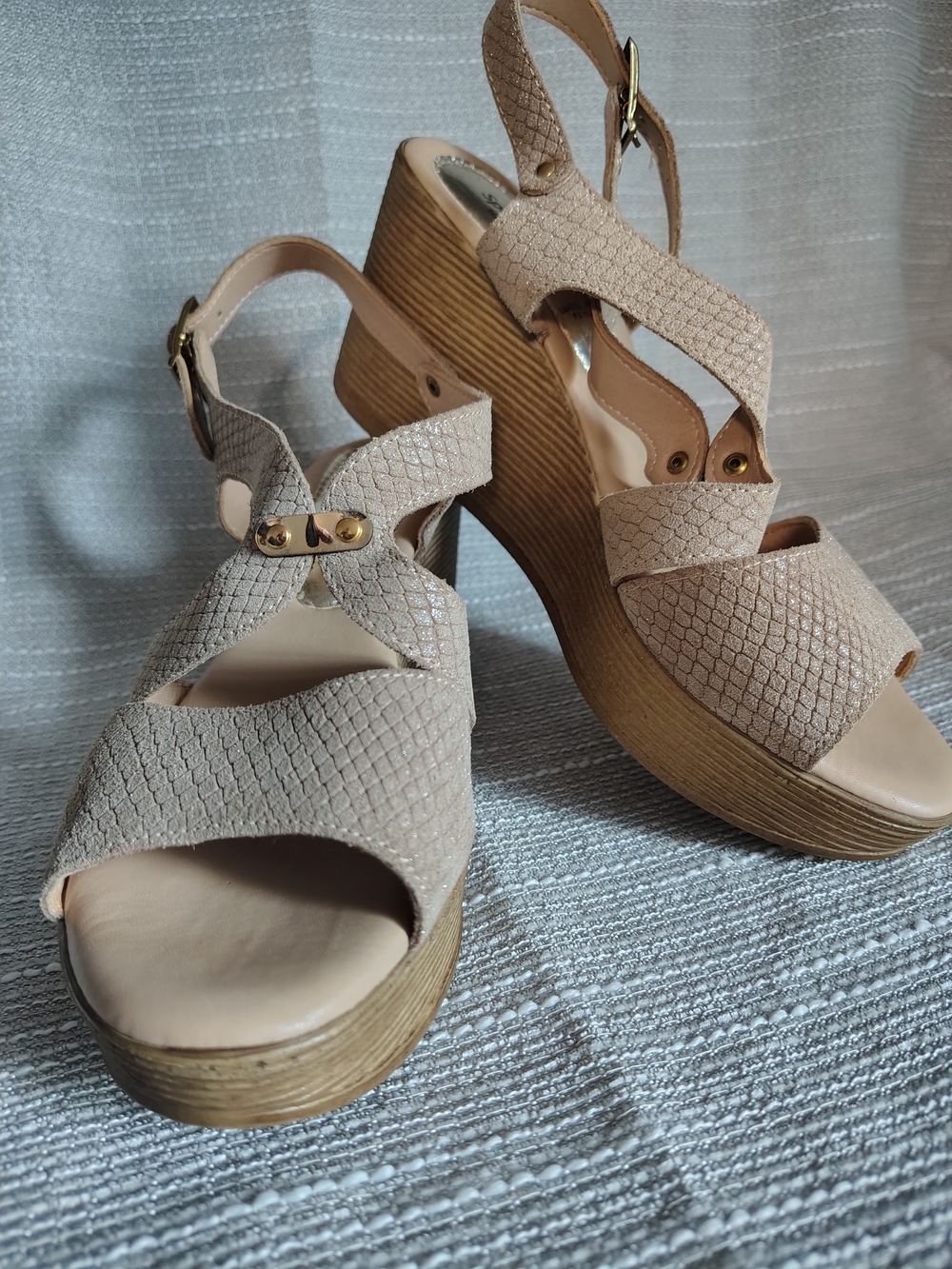 Spring Step Made in Italy Leather Wedge Sandals Shimmer Snake Embossed EU 39